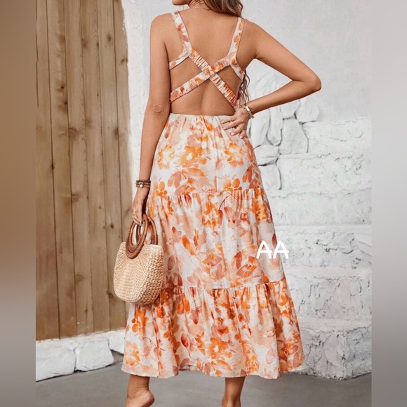 Boho Floral Print Spaghetti Strap Crisscross Black Dress - Picture 7 of 7